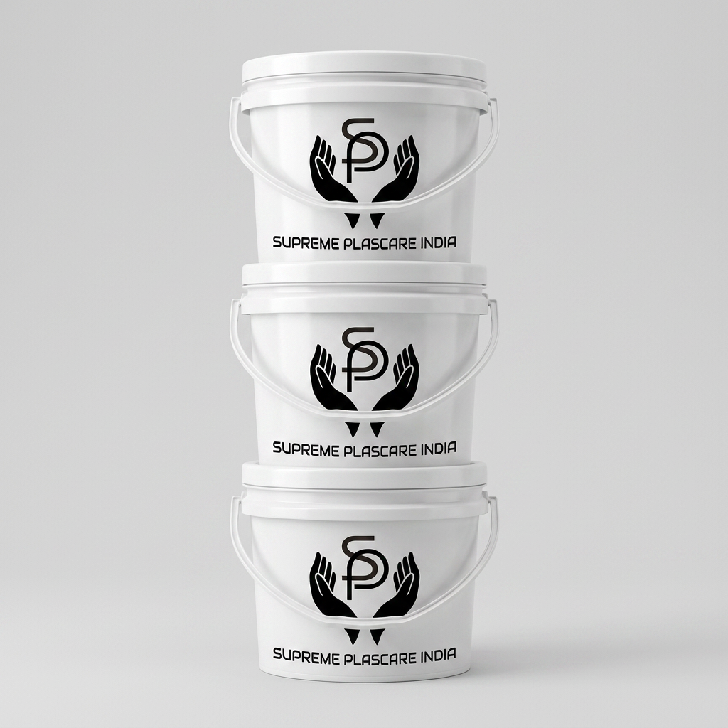 Stack of white SPIPL rigid plastic pails